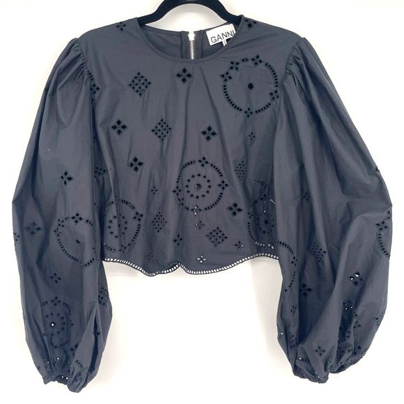 Ganni Broderie Anglaise Cropped Balloon Sleeve Top Black Summer Eyelet Lace - Picture 2 of 14